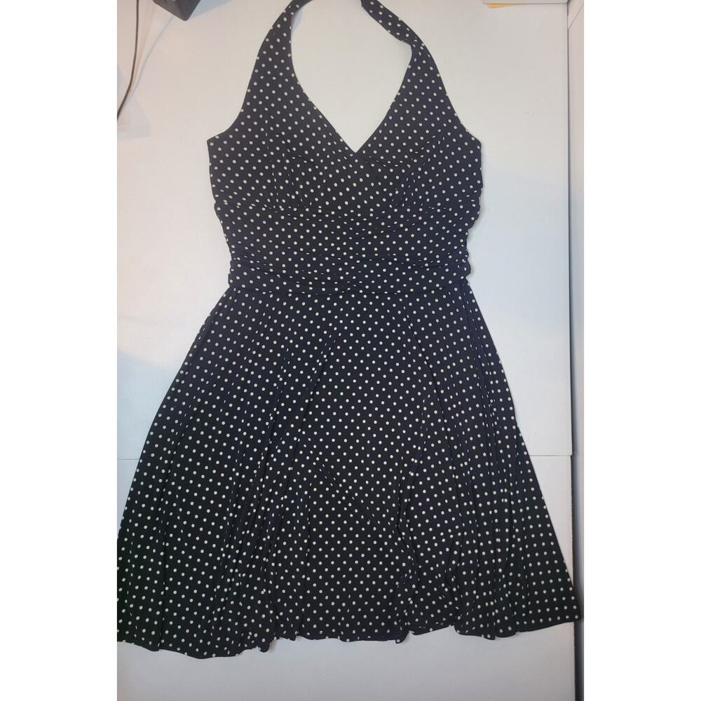 Womens Retro Polka Dot Stretchy Halter Neck Dress Size 14 Vintage 90s Y2K Sleek - Picture 2 of 11